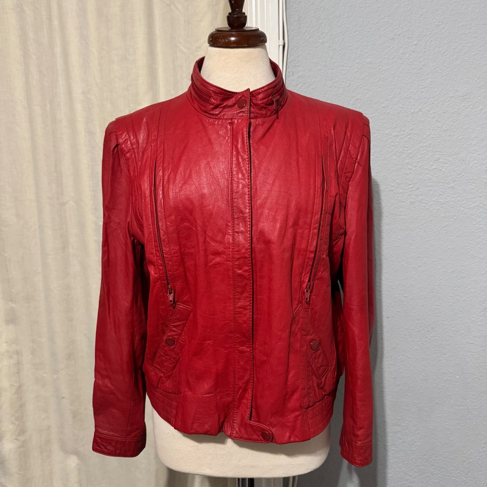 Vintage Women Genuine Red Leather Bomber Zip‎ Front Jacket Made in Korea Sz M
